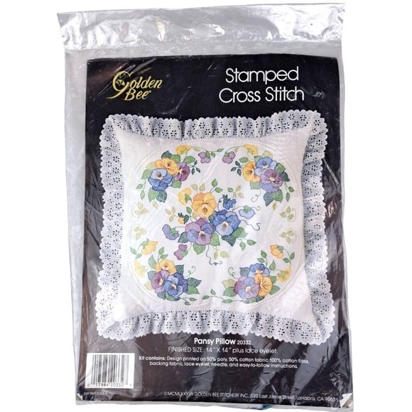 Vintage Stamped Cross Stitch Pillow Kit Pansy Golden Bee Lace 20332 Flower Craft - Picture 2 of 6